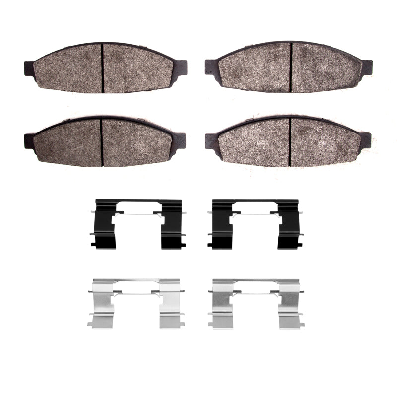 R1 Concepts OE ceramic brake pads and hardware kit for 2003-2005 Lincoln Aviator front brake replacement, showing new brake hardware.
