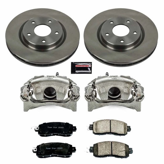 PowerStop OE front brake kit with calipers for Nissan Leaf 2014-2017, including brake rotors and components.
