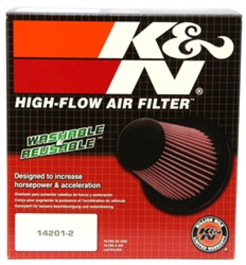 K&N Engineering universal rubber air filter with 5-inch flange, 6.5-inch base, 4.38-inch top, and 7-inch height for vehicle intake