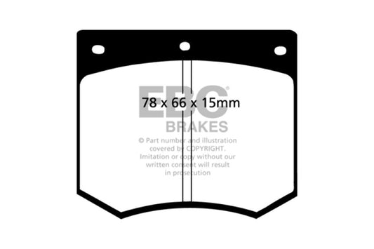 EBC Greenstuff front brake pads for performance vehicles, model 75-86 Ac 3000 3.0, shown with green friction material and metal backing