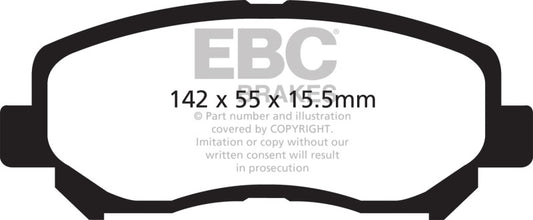 EBC 12+ Mazda CX-5 front Greenstuff brake pads for performance braking, shown in a close-up image.