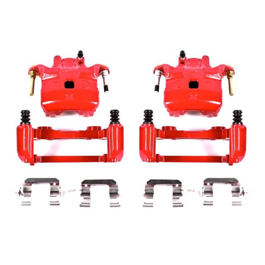 Pair of PowerStop red front brake calipers with brackets for Infiniti G35 2003-2005, performance brake calipers.