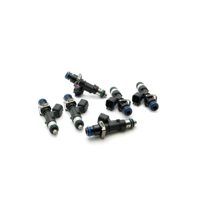 DeatschWerks 95lb/hr fuel injector set for Mustang GT, Corvette LS1, and Firebird, featuring six high-performance injectors.