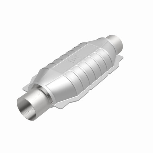 MagnaFlow universal catalytic converter 2.5-inch T2 rear, stainless steel, with inlet and outlet pipes for vehicle exhaust system.