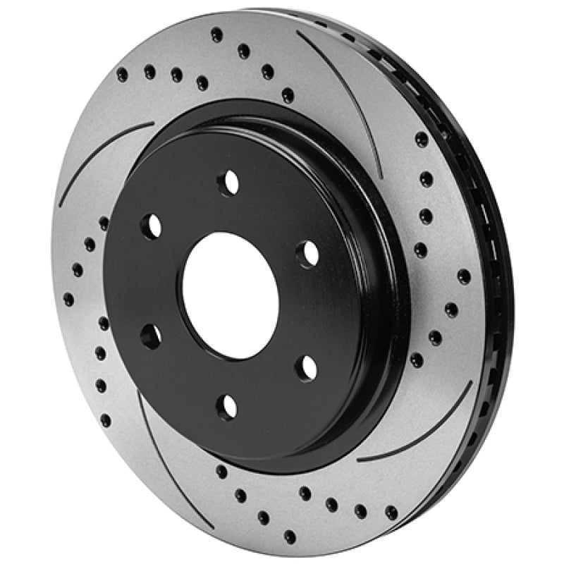 Wilwood 6x5.315 SRP drilled and slotted performance brake rotor and hat, black finish, 2-piece design, left-hand side.
