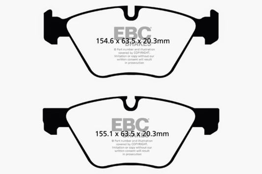 EBC Redstuff front brake pads for BMW Z4 3.0 E89, performance brake pads shown with red friction material and metal backing plates.