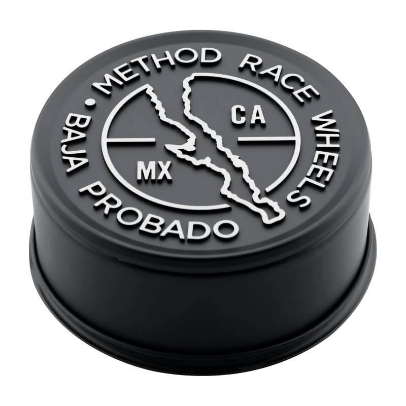Black Method Cap 108mm Baja Push Thru wheel center cap for Method Wheels, featuring a sleek design and durable construction.