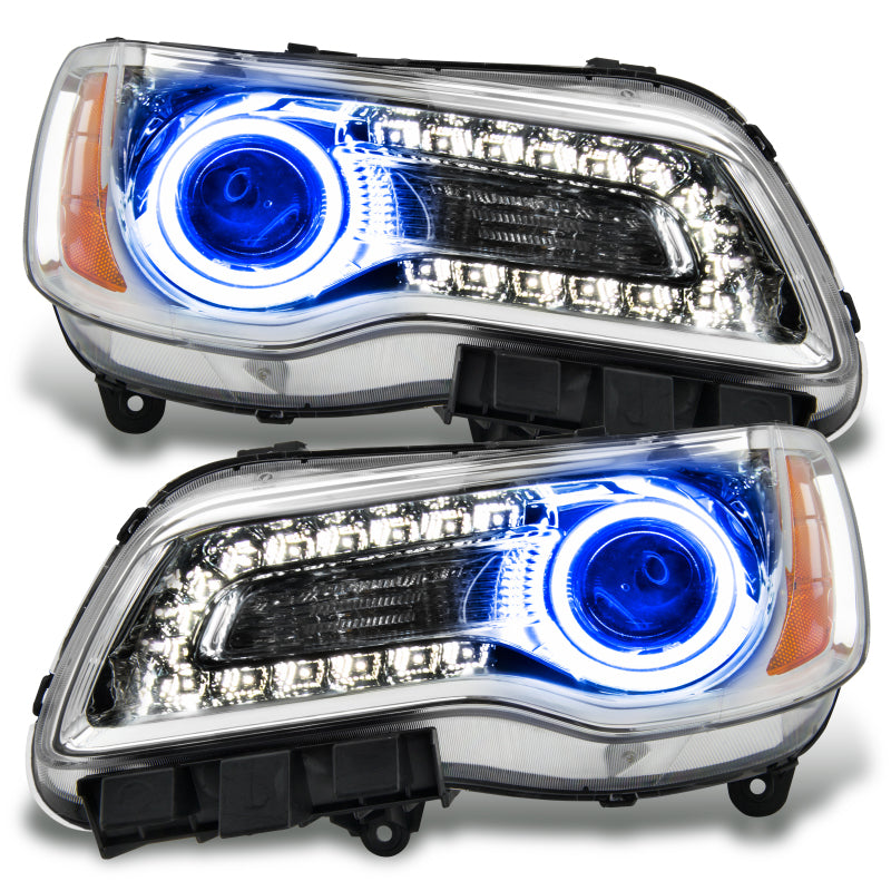 Oracle Chrysler 300C headlights with chrome housing and blue LED halo rings, non-HID, for model years 2011-2014.