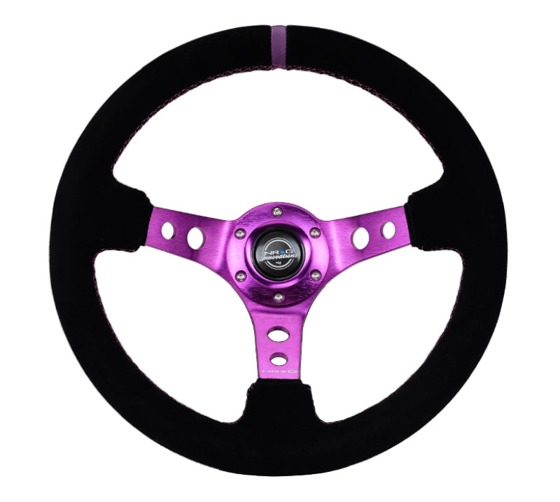 NRG reinforced steering wheel in black suede with purple center and purple stitching, 350mm diameter, 3-inch deep dish design.