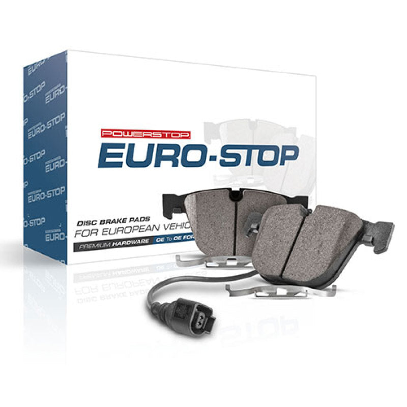 PowerStop OE front brake pads for Mercedes-Benz C240, Euro-Stop ECE-R90 compliant, shown installed on vehicle.