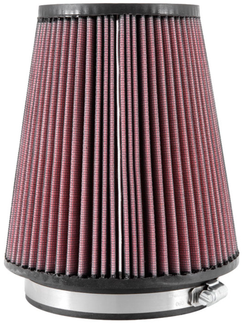 K&N Engineering universal rubber air filter with 5-inch flange, 6.5-inch base, 4.375-inch top, and 7-inch height.
