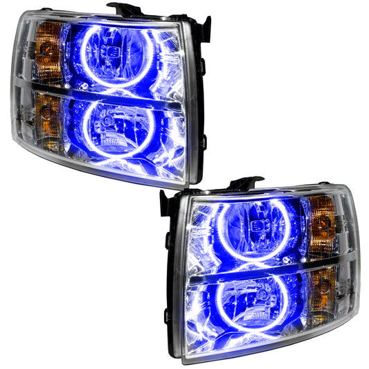 Oracle Lighting blue LED halo headlights for 2007-2013 Chevrolet Silverado, pre-assembled for easy installation.