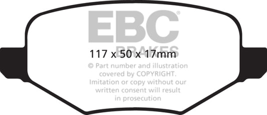 EBC Redstuff rear brake pads for Ford Edge 2.0 Turbo, high-performance brake pads with red friction material, viewed from the side.