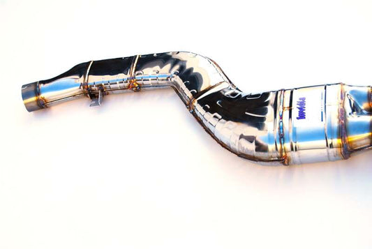 Invidia 20+ Toyota Supra 3.0 Gemini stainless steel catback exhaust system with rolled valve edges, shown installed on vehicle.
