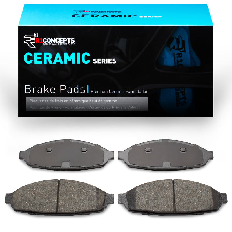R1 Concepts front ceramic brake pads for Mercury Grand Marquis 2003-2011, OE-style brake pads with metal backing and friction material.