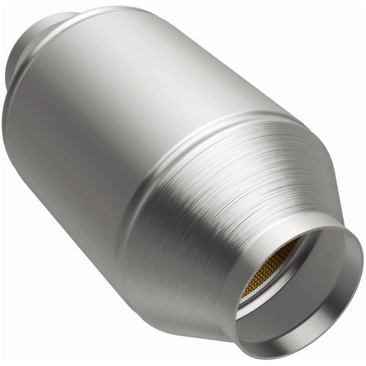 MagnaFlow universal catalytic converter with 2.25-inch inlet and outlet, designed for pre-OBDII vehicles, installed on exhaust system
