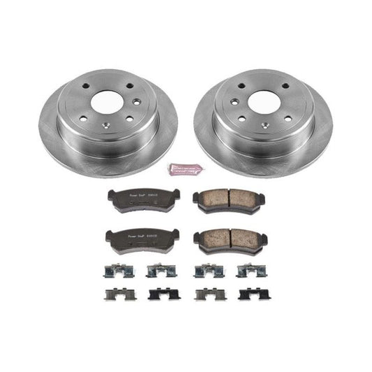 PowerStop rear Autospecialty brake kit for 2004-2006 Suzuki Forenza, includes brake rotors and pads, OE style replacement.