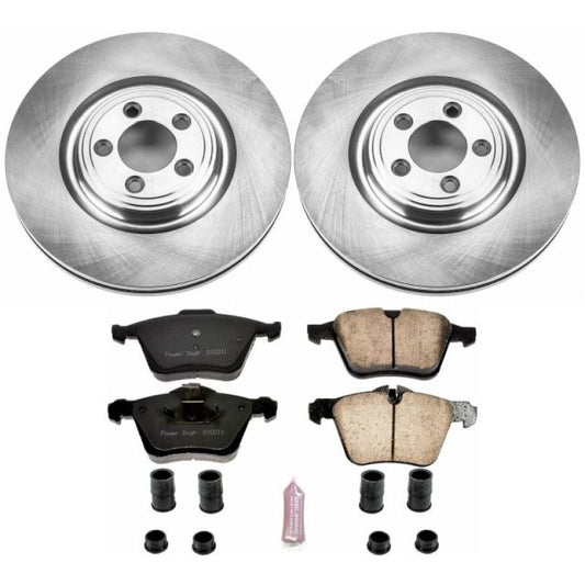 PowerStop OE brake kit for 2007-2008 Jaguar S-Type front brake assembly with rotors and pads, showing installed components.