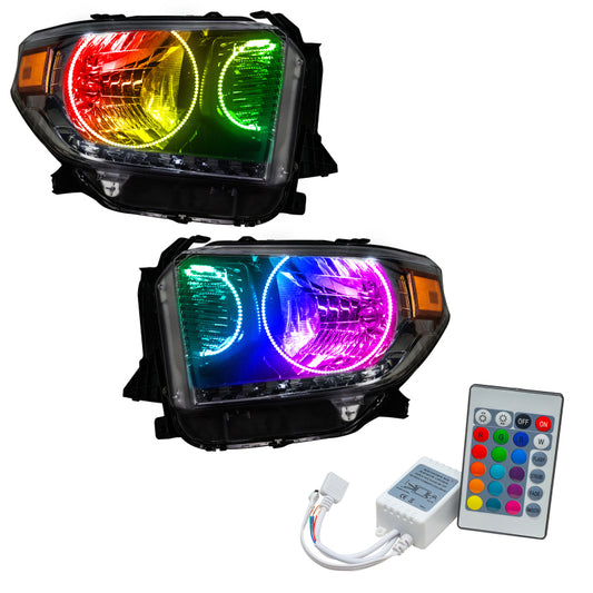 Oracle Lighting Toyota Tundra headlights with dual Halo SMD LEDs and ColorSHIFT controller, showcasing modern automotive headlight design.