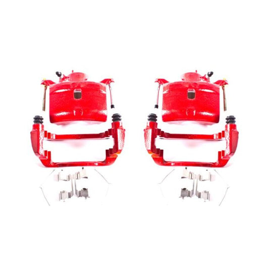 Pair of PowerStop red front brake calipers with brackets for Honda CR-V 2002-2004, performance disc brake replacement.