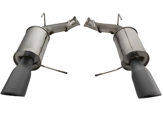 Roush black tip axle back exhaust system installed on 2011-2014 Ford Mustang GT showing dual exhaust tips and sleek black finish.