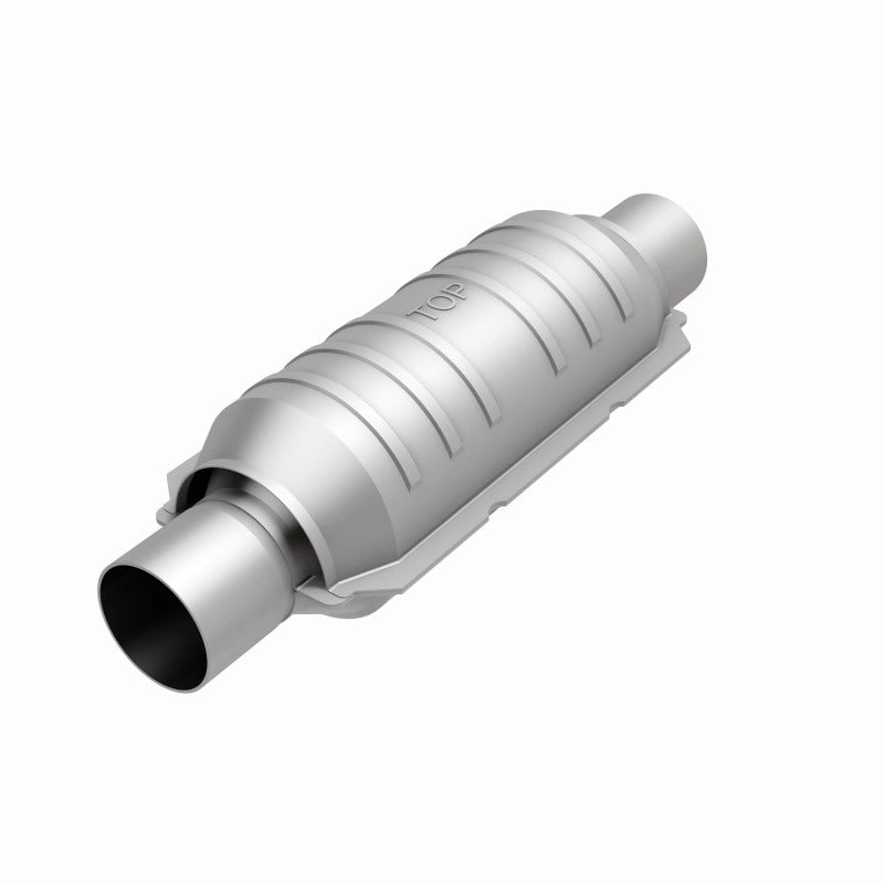 MagnaFlow universal catalytic converter with 2-inch inlet and outlet, 11-inch stainless steel construction, for vehicle exhaust systems.