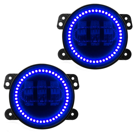Oracle Lighting high powered LED fog lights in blue color, mounted on a vehicle for enhanced visibility and style.