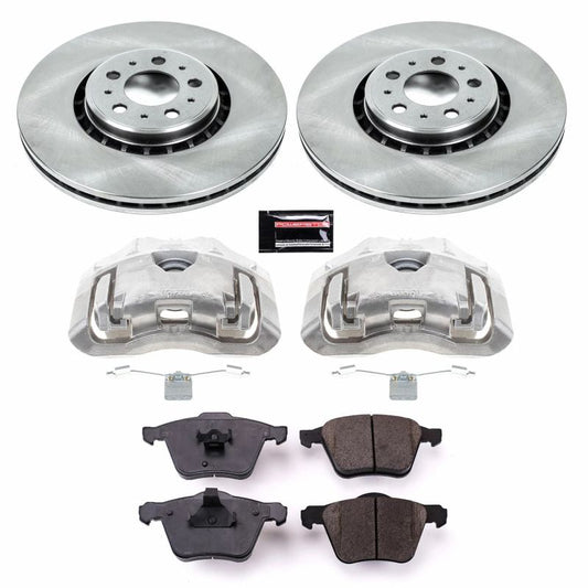 PowerStop OE front brake calipers and autospecialty kit for 2013-2014 Volvo XC90, showing new calipers and brake components.