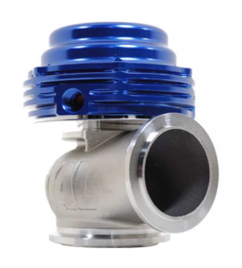 TiAL Sport MVS 38mm wastegate in blue, with adjustable boost pressure setting, used for turbocharger wastegate systems.
