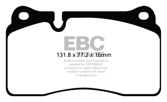 EBC Brakes Redstuff ceramic brake pads for performance braking, showing red brake pad with metal backing and branding.