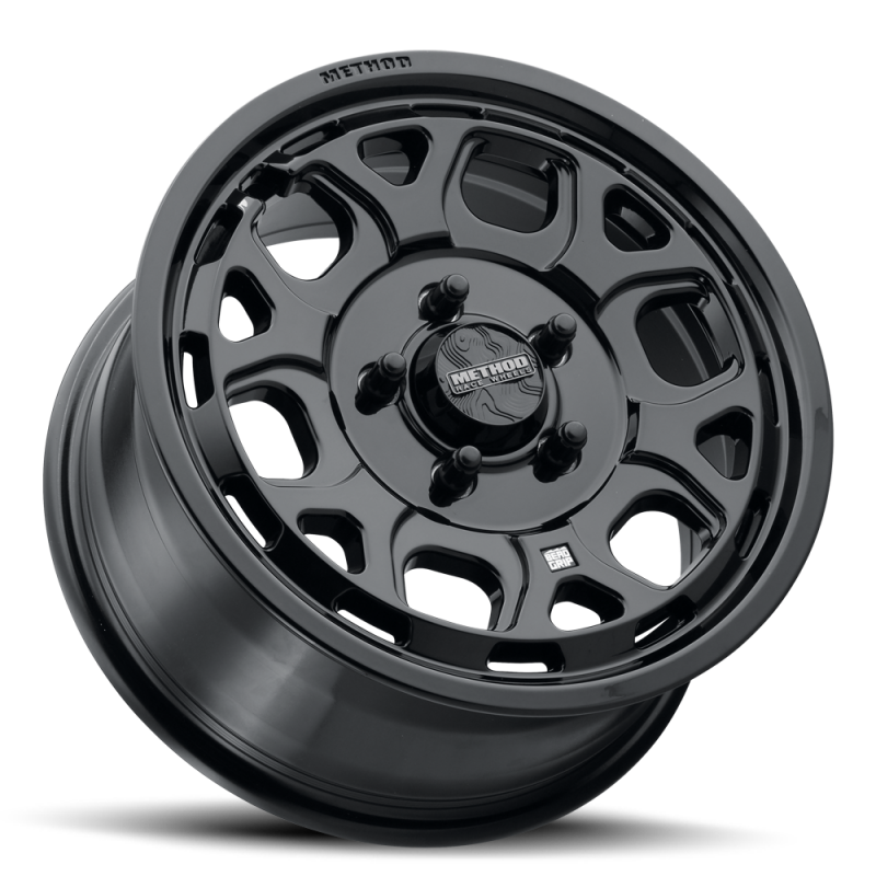 Gloss black Method MR416 cast wheel with bead grip, 15x7 inches, 5x4.5 bolt pattern, 55mm offset, 68mm center bore.