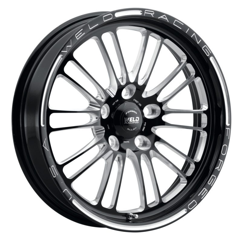 Weld RPM Frontrunner forged wheels in gloss black milled finish, 15x3.5 inches with 5x4.75 bolt pattern and 1.75 BS, 3.18 HB.