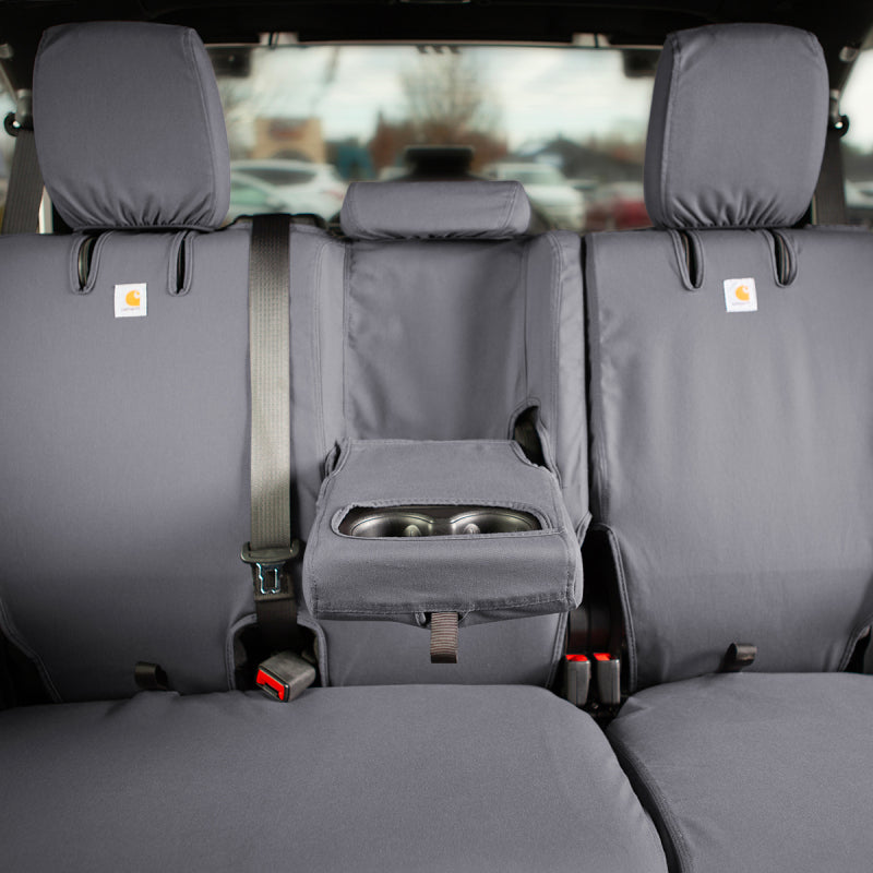Covercraft Carhartt SeatSaver seat cover in gravel for Subaru Crosstrek and Impreza, showing durable, custom-fit fabric on vehicle seats.