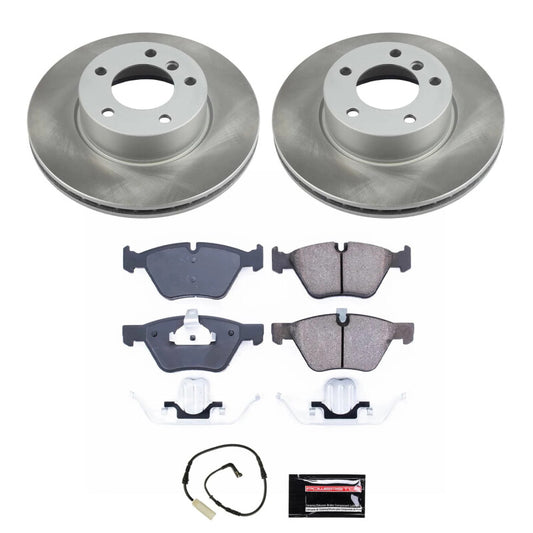 PowerStop performance front semi-coated rotor kit for BMW 128i 2008-2010, showing brake rotors with semi-coated surface and mounting points.
