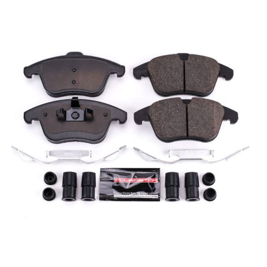 PowerStop Z23 Evolution Sport brake pads with hardware installed on front of 2008-2012 Land Rover LR2, high-performance brake components
