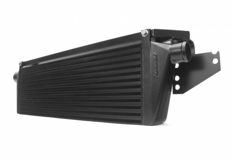 Black Perrin Performance intercooler core and mounting beam for 2002-2007 Subaru WRX/STi front mount intercooler kit.