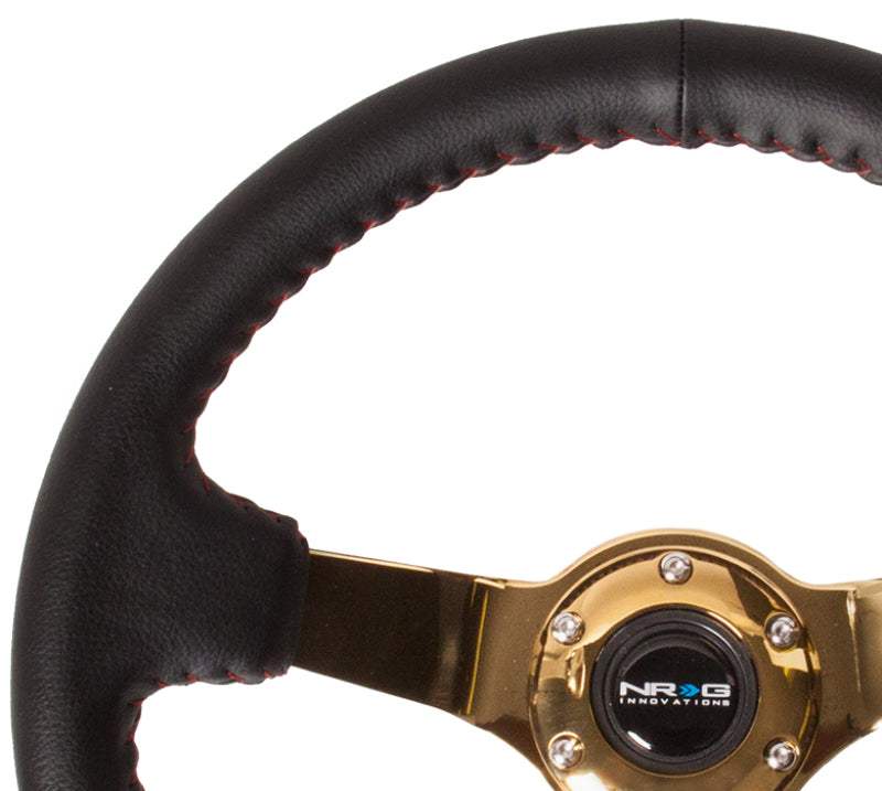 NRG reinforced 350mm black leather steering wheel with red basketball stitch and gold spokes, 3-inch deep design.