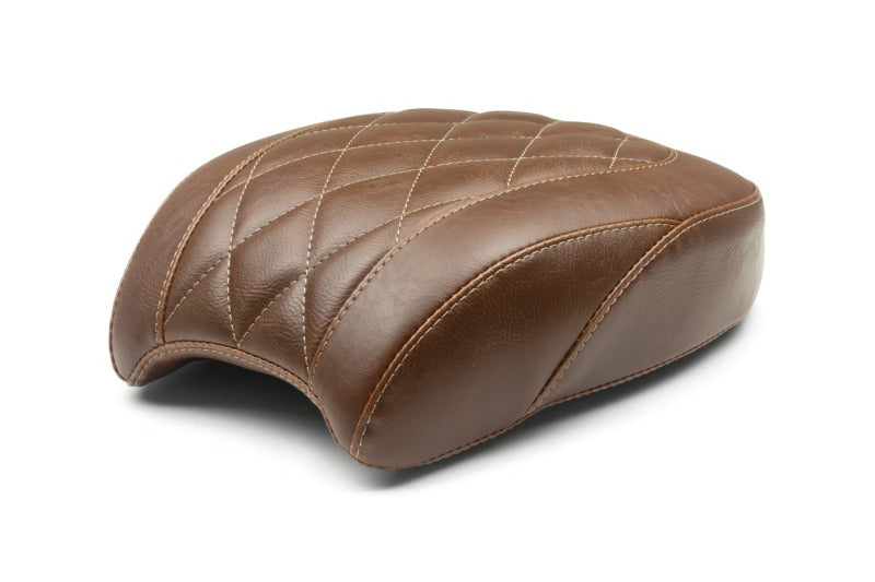 Mustang Harley Softail Slim Wide Tripper Passenger Seat in brown with diamond stitch detailing on black motorcycle seat