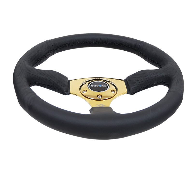 NRG reinforced leather racing steering wheel with 350mm diameter, deep grip, and gold spokes for high-performance driving.
