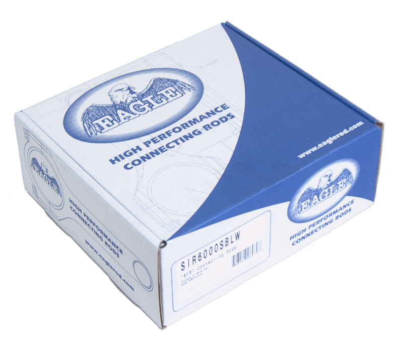 Set of eight Eagle Chevrolet 6.000-inch 5140 steel I-beam connecting rods for 8-cylinder engines, showing the metal rods with machining details.