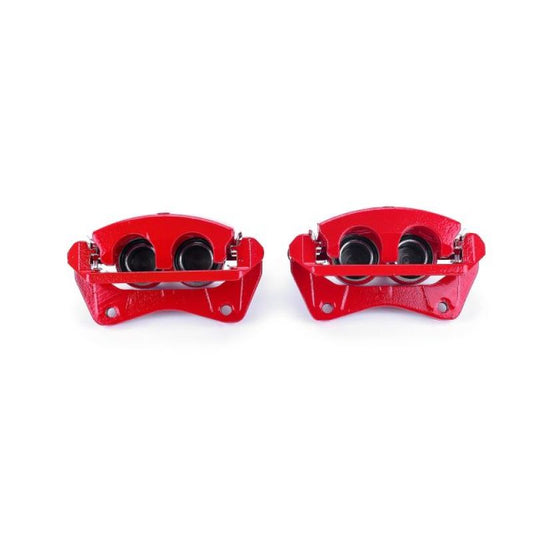 Pair of PowerStop red front brake calipers with brackets for Honda Pilot 2009-2015, high-performance automotive brake parts.