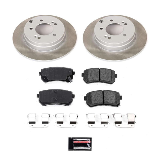 PowerStop rear semi-coated rotor kit for Kia Optima 2016-2020, performance brake kit with blank rotors and hardware.