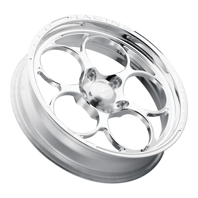 Polished Weld Magnum Frontrunner forged wheel showing 15x3.5 size with 5x4.5 bolt pattern and 2.25 BS, 3.18 HB, detailed view.