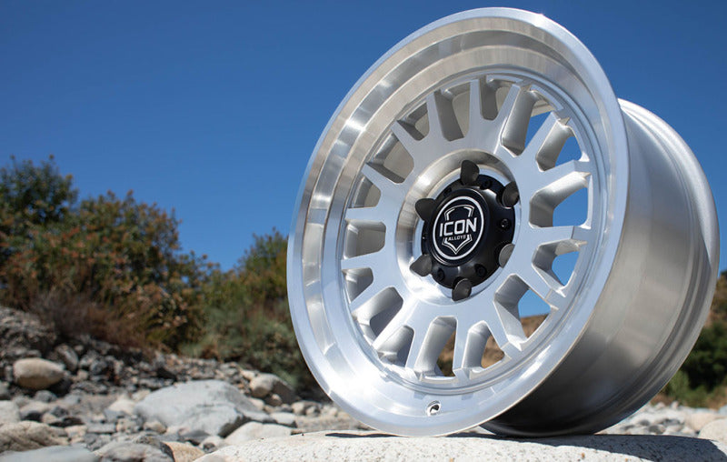 ICON Anza 17x8.5 silver machined cast wheel with 5x150 bolt pattern and 25mm offset, featuring a 5.75-inch bolt spacing.