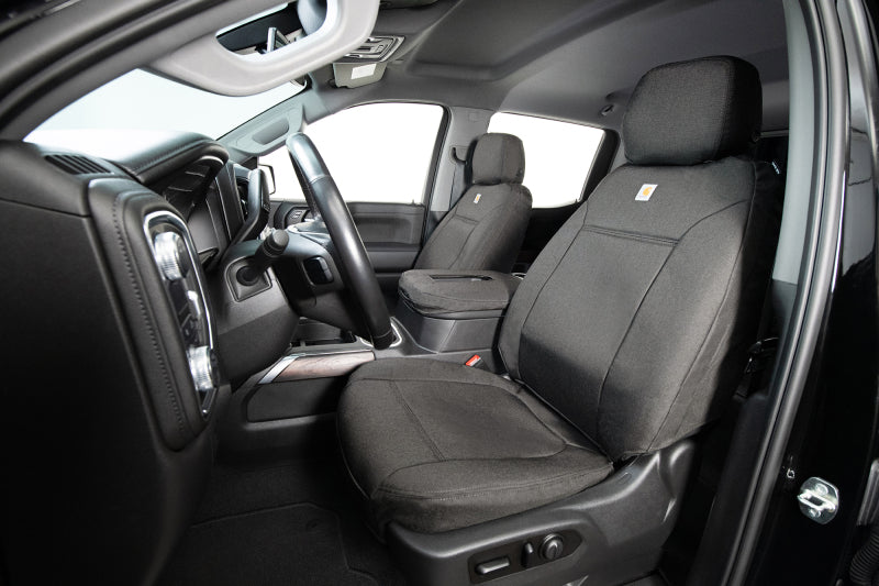 Covercraft Carhartt Super Dux PrecisionFit seat covers for Ford E-Series Custom, charcoal color, fitted for vehicle seats.
