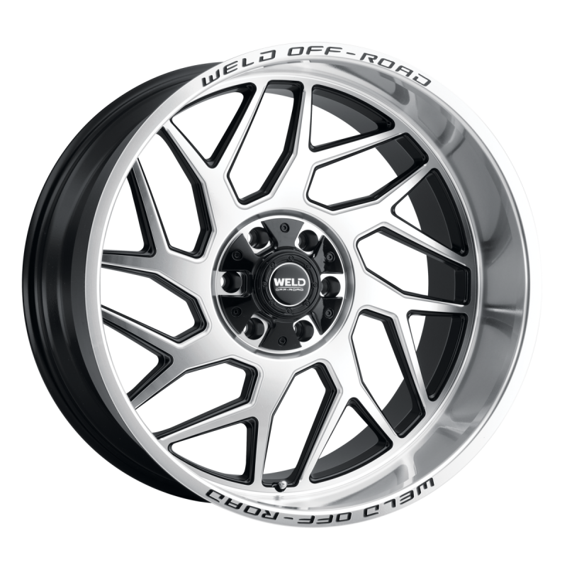 Weld Fulcrum 20x12 cast wheel in gloss black with machined accents, 6x135 bolt pattern, 4.75 backspacing, and 106.1 hub.