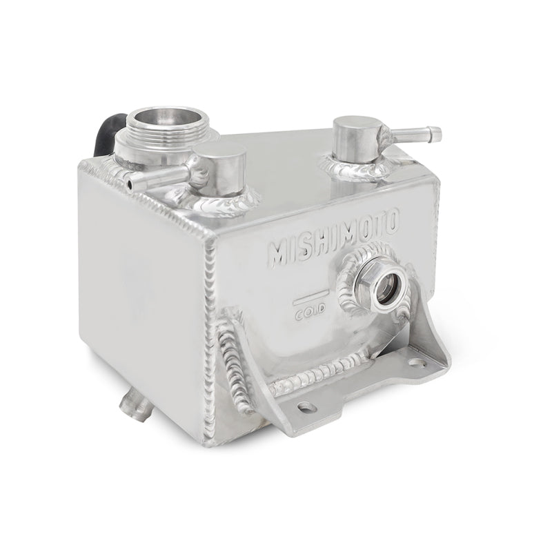 Polished Mishimoto coolant reservoir for 2024+ Ford Mustang V8 and 2.3L EcoBoost engine, showcasing the sleek expansion tank design.
