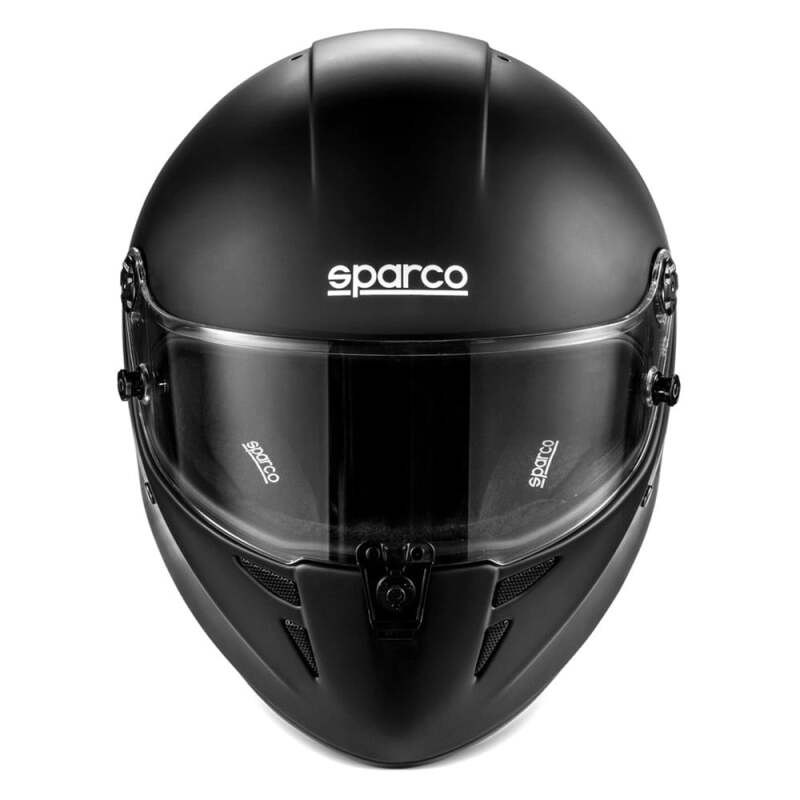 SPARCO Stealth RF helmet in large matte black with black accents, showcasing aerodynamic design and ventilation features.
