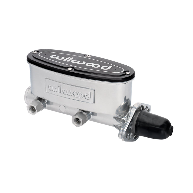 Wilwood tandem aluminum brake master cylinder with 15/16 inch bore and chrome P-coat finish, shown with mounting hardware.