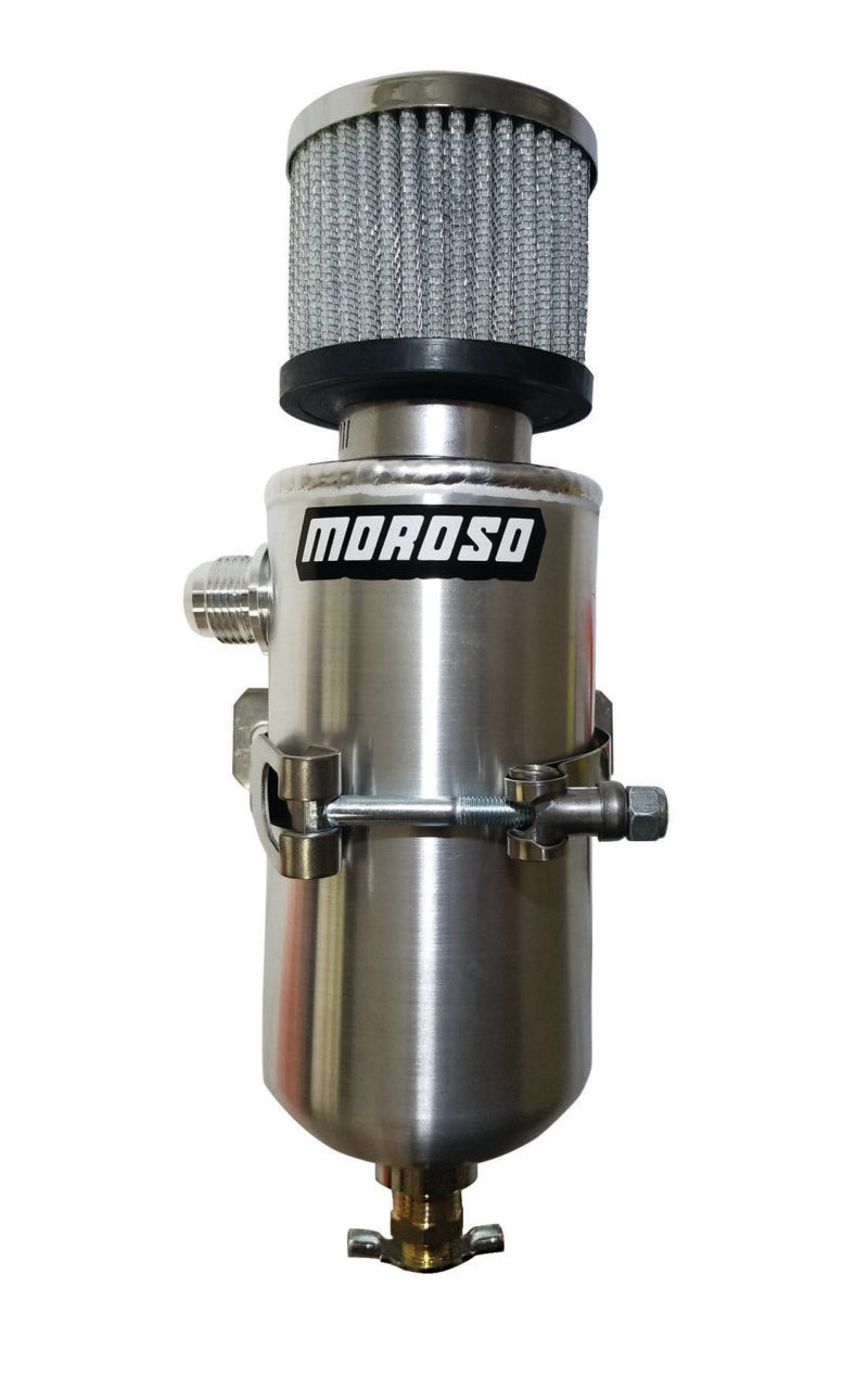 Moroso aluminum breather tank with -10AN male fitting for oil catch cans, designed for automotive engine ventilation systems.